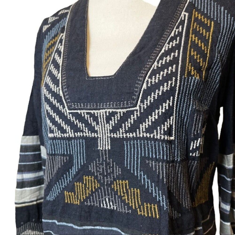 Free People Sundown Mini Dress Navy White Gold Embroidery Size‎ Small - Picture 3 of 12